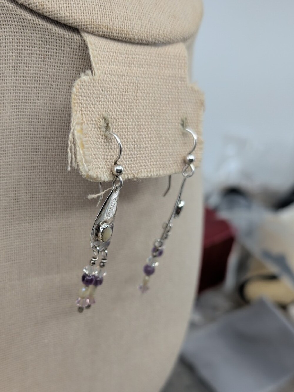 Vintage Hand Hammered Sterling Silver Amethyst Pearl Dangle Earrings - Picture 13 of 17